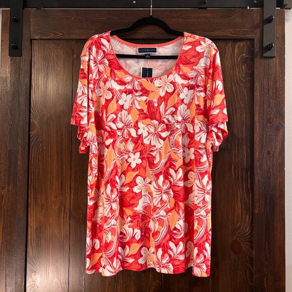 Karen Scott Plus Size 3X Pink & Orange Floral Scoop-Neck Short-Sleeve Top NWT - Picture 4 of 6